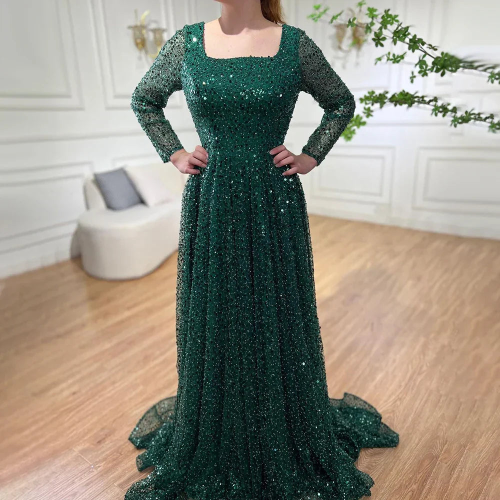 Dubai Arabic Green A Line Luxury Evening Dresses Gowns Beaded Long Sleeve For Women Wedding Party 2025 LA70271