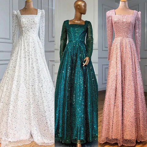 Dubai Arabic Green A Line Luxury Evening Dresses Gowns Beaded Long Sleeve For Women Wedding Party 2025 LA70271