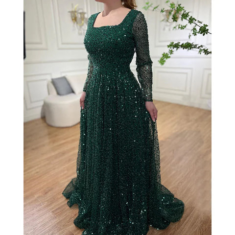 Dubai Arabic Green A Line Luxury Evening Dresses Gowns Beaded Long Sleeve For Women Wedding Party 2025 LA70271