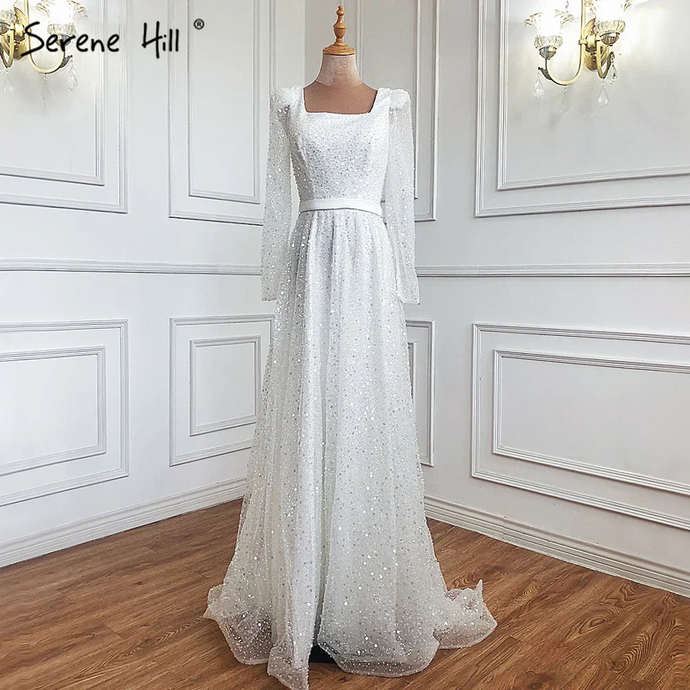 Dubai Arabic Green A Line Luxury Evening Dresses Gowns Beaded Long Sleeve For Women Wedding Party 2025 LA70271
