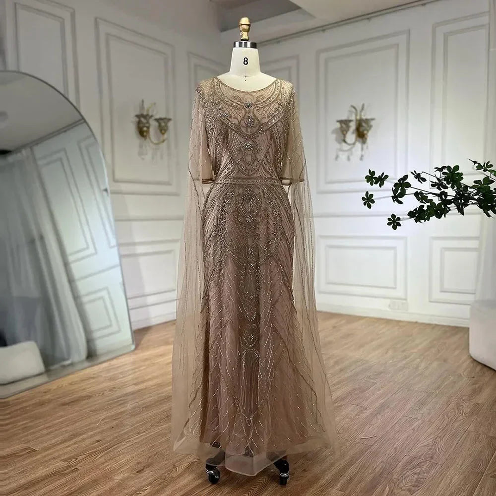 Dubai Arabic Green Mermaid Evening Dress with Elegant Luxury Beaded Cape Sleeves for Women's Party 2025 LA72562