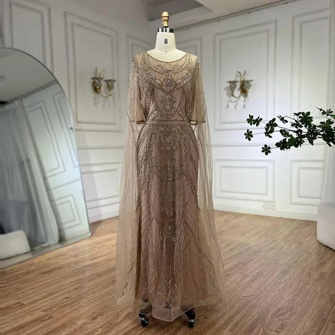 Dubai Arabic Green Mermaid Evening Dress with Elegant Luxury Beaded Cape Sleeves for Women's Party 2025 LA72562