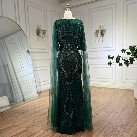 Dubai Arabic Green Mermaid Evening Dress with Elegant Luxury Beaded Cape Sleeves for Women's Party 2025 LA72562