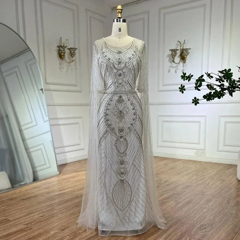 Dubai Arabic Green Mermaid Evening Dress with Elegant Luxury Beaded Cape Sleeves for Women's Party 2025 LA72562