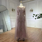 Dubai Arabic Green Mermaid Evening Dress with Elegant Luxury Beaded Cape Sleeves for Women's Party 2025 LA72562