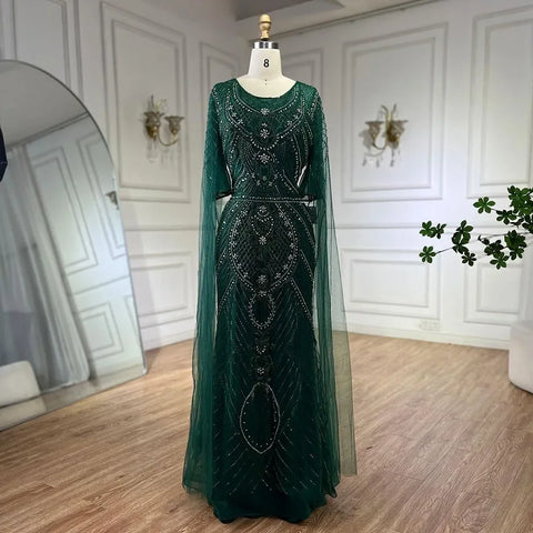 Dubai Arabic Green Mermaid Evening Dress with Elegant Luxury Beaded Cape Sleeves for Women's Party 2025 LA72562