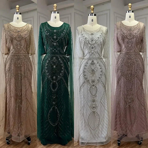 Dubai Arabic Green Mermaid Evening Dress with Elegant Luxury Beaded Cape Sleeves for Women's Party 2025 LA72562