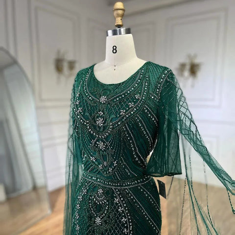Dubai Arabic Green Mermaid Evening Dress with Elegant Luxury Beaded Cape Sleeves for Women's Party 2025 LA72562