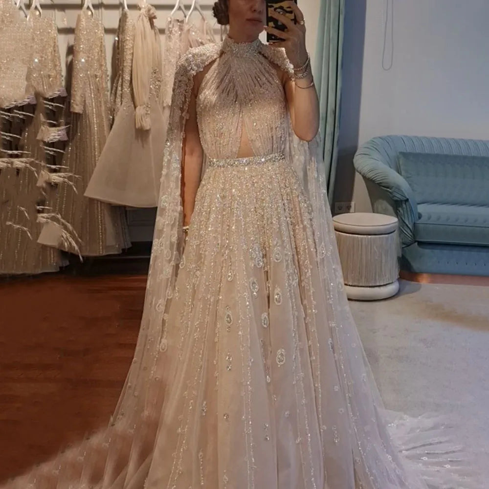 Luxury Evening Dress with Cape Sleeve Long LA71803