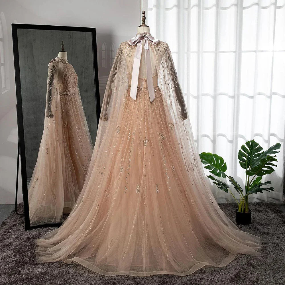 Luxury Evening Dress with Cape Sleeve Long LA71803