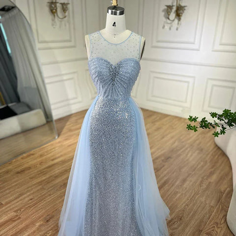 Dubai Arabic Mermaid Blue Elegant With Overskirt Beaded Evening Dresses Gowns for Women's Wedding Party 2025 LA72588