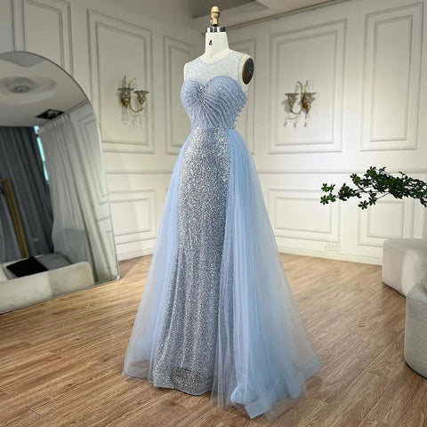 Dubai Arabic Mermaid Blue Elegant With Overskirt Beaded Evening Dresses Gowns for Women's Wedding Party 2025 LA72588