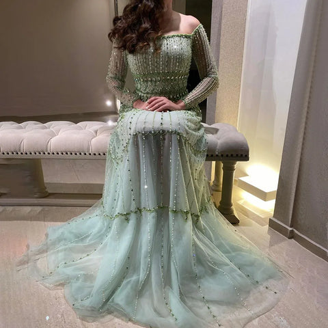 Dubai Arabic Sage Green Mermaid Luxury Evening Gown Strapless Beaded Party Dress for Women's Wedding 2025 LA72350