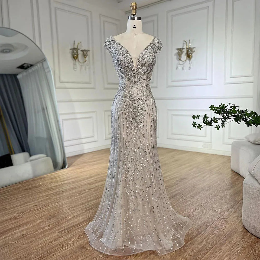 Dubai Beige Elegant Sleeveles Mermaid Beaded Arabic Evening Dresses Gowns for Women Wedding Party 2025 LA72456