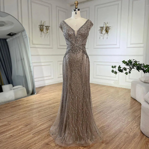 Dubai Beige Elegant Sleeveles Mermaid Beaded Arabic Evening Dresses Gowns for Women Wedding Party 2025 LA72456