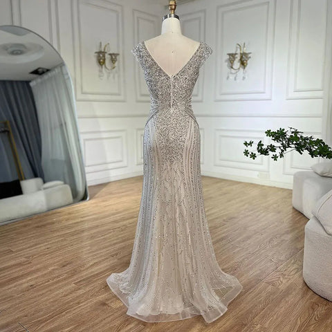Dubai Beige Elegant Sleeveles Mermaid Beaded Arabic Evening Dresses Gowns for Women Wedding Party 2025 LA72456
