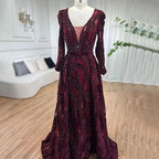 Dubai Blue Mermaid Deep-V Crystal Sexy Long Sleeves Luxury Party Dresses Formal Women Evening 2025 Plus Size LA70223