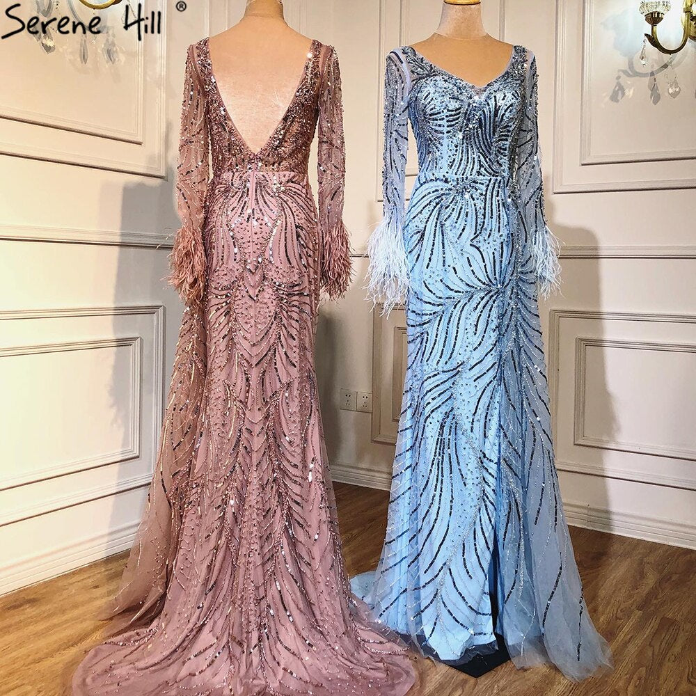 Dubai Blue Mermaid Feather Pearls Long Sleeves V-Neck Luxury Evening Dresses Gowns For Women Party 2025  2025 LA70533