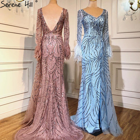 Dubai Blue Mermaid Feather Pearls Long Sleeves V-Neck Luxury Evening Dresses Gowns For Women Party 2025  2025 LA70533