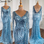 Dubai Blue Mermaid Feather Pearls Long Sleeves V-Neck Luxury Evening Dresses Gowns For Women Party 2025  2025 LA70533