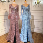 Dubai Blue Mermaid Feather Pearls Long Sleeves V-Neck Luxury Evening Dresses Gowns For Women Party 2025  2025 LA70533