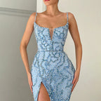 Dubai Blue Mermaid High Split Spaghetti Strap Evening Dresses Gowns Luxury Beaded 2025 For Women Party LA72265