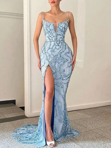 Dubai Blue Mermaid High Split Spaghetti Strap Evening Dresses Gowns Luxury Beaded 2025 For Women Party LA72265