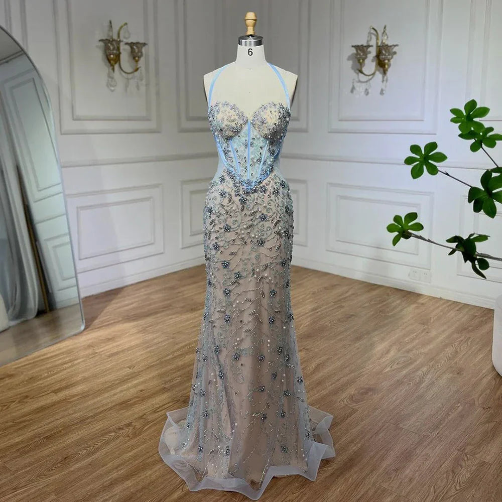 Dubai Blue Mermaid Luxury Beaded Spaghetti Strap Arabic Evening Dresses Gowns for Women Wedding Party 2025 LA72330