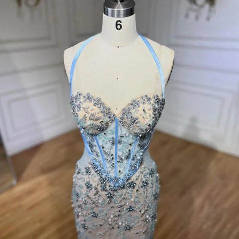 Dubai Blue Mermaid Luxury Beaded Spaghetti Strap Arabic Evening Dresses Gowns for Women Wedding Party 2025 LA72330