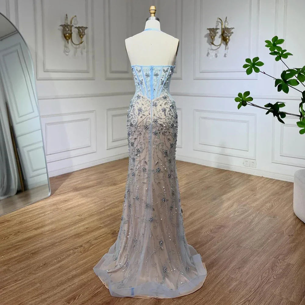 Dubai Blue Mermaid Luxury Beaded Spaghetti Strap Arabic Evening Dresses Gowns for Women Wedding Party 2025 LA72330