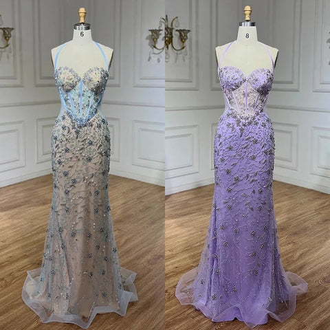 Dubai Blue Mermaid Luxury Beaded Spaghetti Strap Arabic Evening Dresses Gowns for Women Wedding Party 2025 LA72330