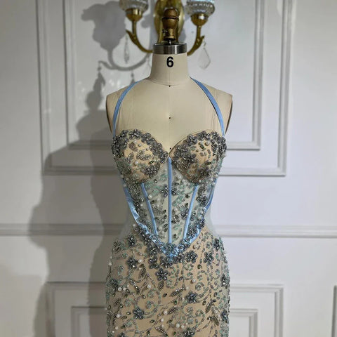 Dubai Blue Mermaid Luxury Beaded Spaghetti Strap Arabic Evening Dresses Gowns for Women Wedding Party 2025 LA72330