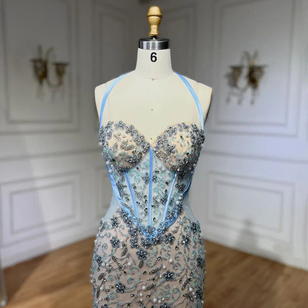 Dubai Blue Mermaid Luxury Beaded Spaghetti Strap Arabic Evening Dresses Gowns for Women Wedding Party 2025 LA72330