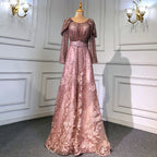 Dubai Blue Muslim Lace Beaded Evening Dresses Gowns 2025 A-Line Luxury Long Sleeves For Women Wedding Party LA71628