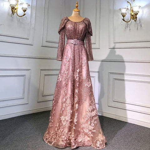 Dubai Blue Muslim Lace Beaded Evening Dresses Gowns 2025 A-Line Luxury Long Sleeves For Women Wedding Party LA71628