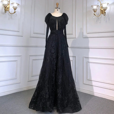 Dubai Blue Muslim Lace Beaded Evening Dresses Gowns 2025 A-Line Luxury Long Sleeves For Women Wedding Party LA71628