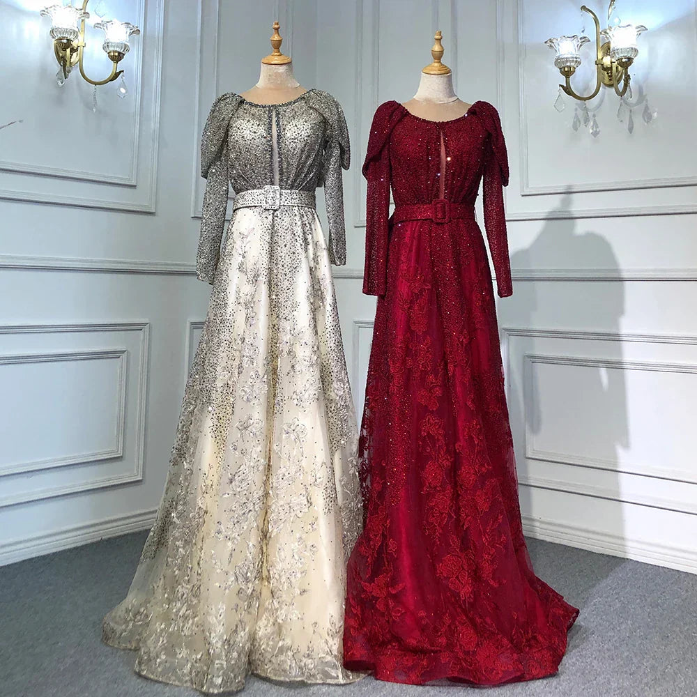 Dubai Blue Muslim Lace Beaded Evening Dresses Gowns 2025 A-Line Luxury Long Sleeves For Women Wedding Party LA71628