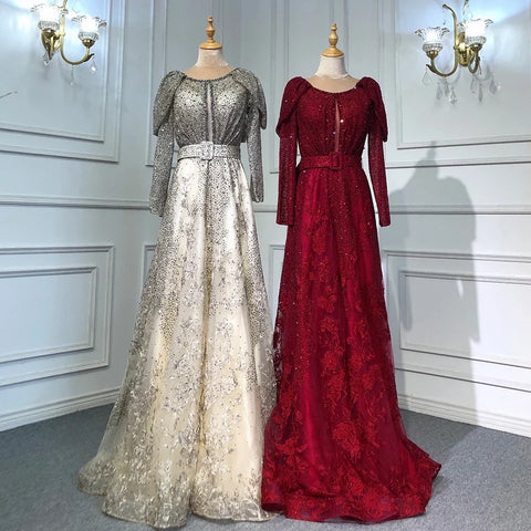 Dubai Blue Muslim Lace Beaded Evening Dresses Gowns 2025 A-Line Luxury Long Sleeves For Women Wedding Party LA71628