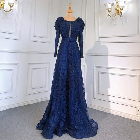 Dubai Blue Muslim Lace Beaded Evening Dresses Gowns 2025 A-Line Luxury Long Sleeves For Women Wedding Party LA71628