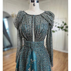 Dubai Blue Muslim Lace Beaded Evening Dresses Gowns 2025 A-Line Luxury Long Sleeves For Women Wedding Party LA71628