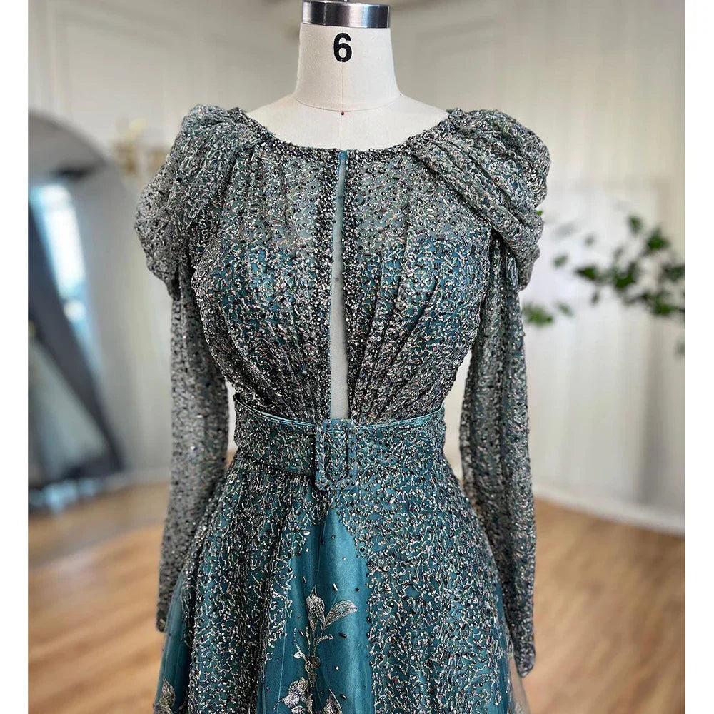 Dubai Blue Muslim Lace Beaded Evening Dresses Gowns 2025 A-Line Luxury Long Sleeves For Women Wedding Party LA71628