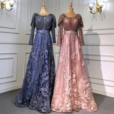 Dubai Blue Muslim Lace Beaded Evening Dresses Gowns 2025 A-Line Luxury Long Sleeves For Women Wedding Party LA71628