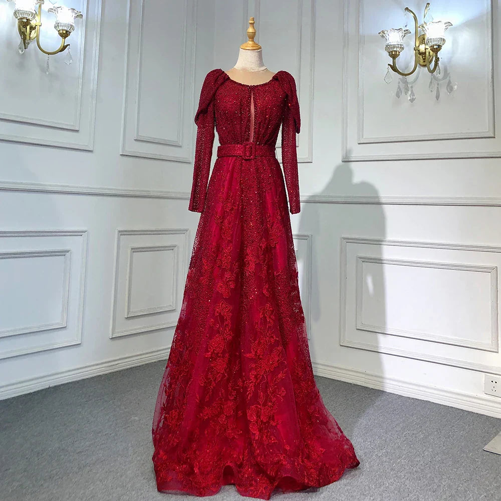 Dubai Blue Muslim Lace Beaded Evening Dresses Gowns 2025 A-Line Luxury Long Sleeves For Women Wedding Party LA71628