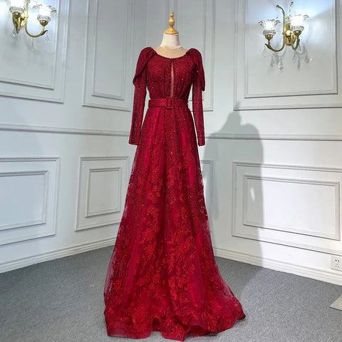 Dubai Blue Muslim Lace Beaded Evening Dresses Gowns 2025 A-Line Luxury Long Sleeves For Women Wedding Party LA71628