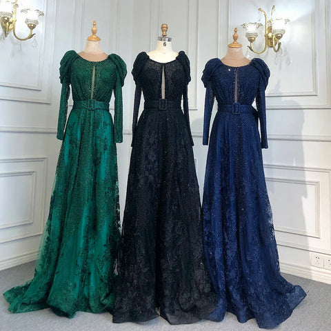 Dubai Blue Muslim Lace Beaded Evening Dresses Gowns 2025 A-Line Luxury Long Sleeves For Women Wedding Party LA71628