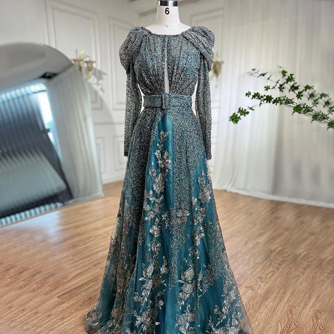 Dubai Blue Muslim Lace Beaded Evening Dresses Gowns 2025 A-Line Luxury Long Sleeves For Women Wedding Party LA71628