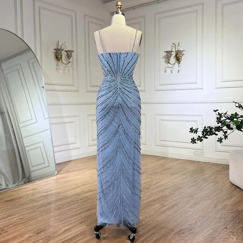 Dubai Blue Spaghetti Strap Mermaid Split Beaded Luxury Evening Dresses Gowns for Women Wedding Party 2025 LA72439