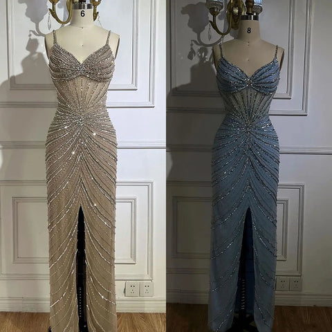 Dubai Blue Spaghetti Strap Mermaid Split Beaded Luxury Evening Dresses Gowns for Women Wedding Party 2025 LA72439