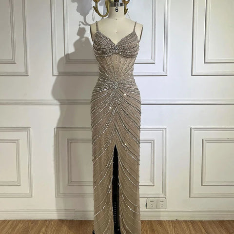 Dubai Blue Spaghetti Strap Mermaid Split Beaded Luxury Evening Dresses Gowns for Women Wedding Party 2025 LA72439