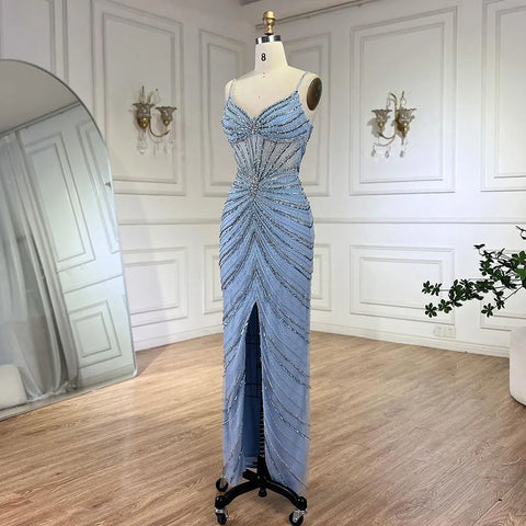 Dubai Blue Spaghetti Strap Mermaid Split Beaded Luxury Evening Dresses Gowns for Women Wedding Party 2025 LA72439